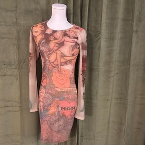 Kikiriki Tattoo Print Long Sleeveless  Dress, S